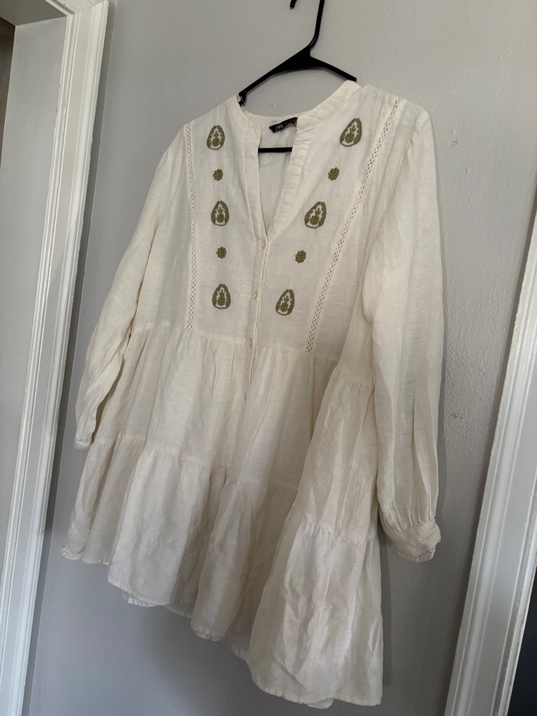 Zara Cream Tiered Dress With Olive Embroidery